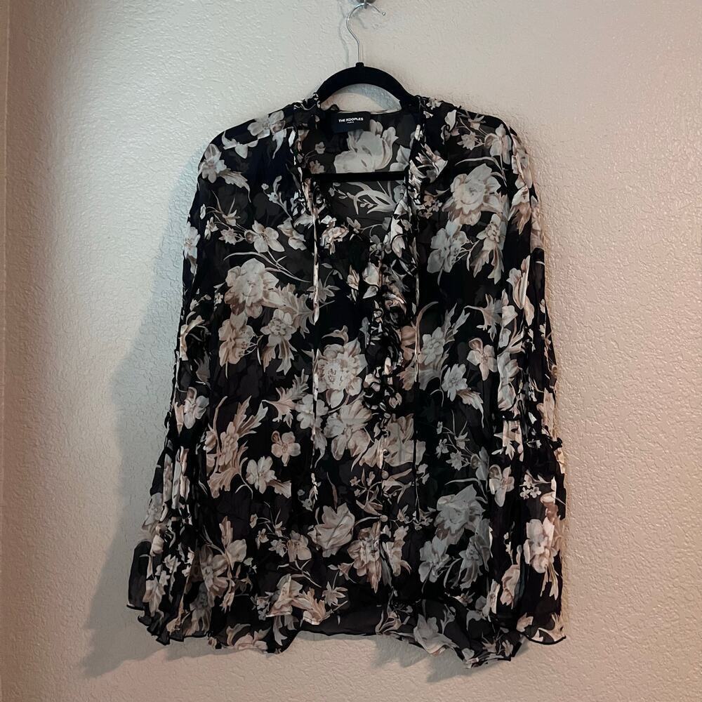 The Kooples Paris Viscose Floral Sheer Blouse Top Ruffle Bell Sleeve 1 Small - Picture 2 of 9